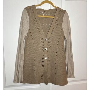 Free People Cardigan Women Wool Blend Lace Back Pointelle Sweater Taupe Boho